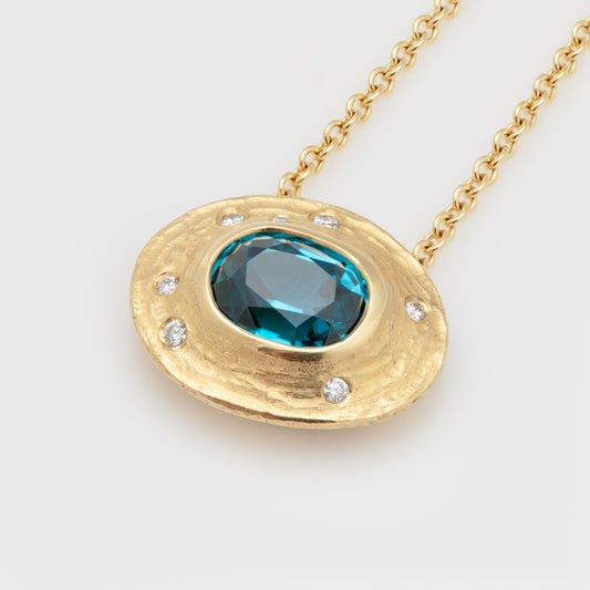 Yellow Gold Blue Zircon and Diamond Necklace