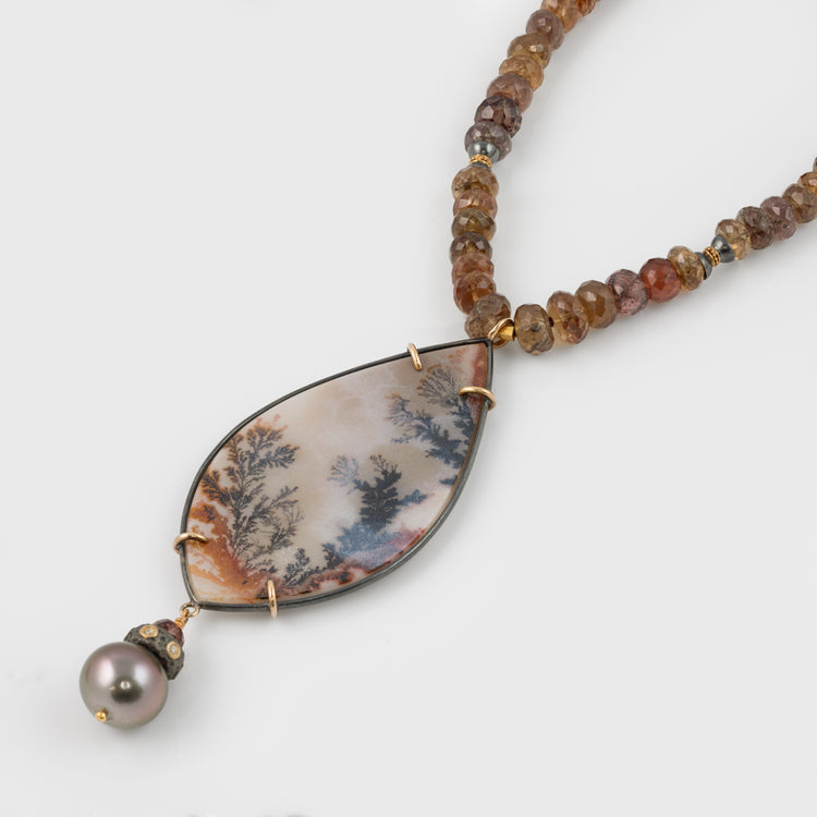 Dendric Agate, Garnet & Pearl Necklace