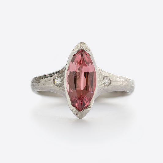 White metal ring with pink and white gems