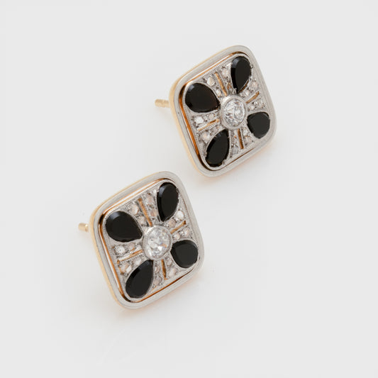 Antique Cushion Shaped Onyx & Diamond Earrings