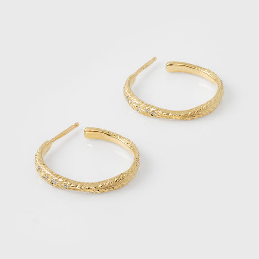 Gold hoop earrings on a light gray background
