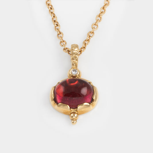 Gold necklace with a red gemstone pendant on a white background