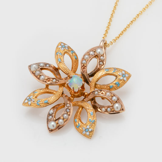 Vintage Flower Opal & Enamel Necklace