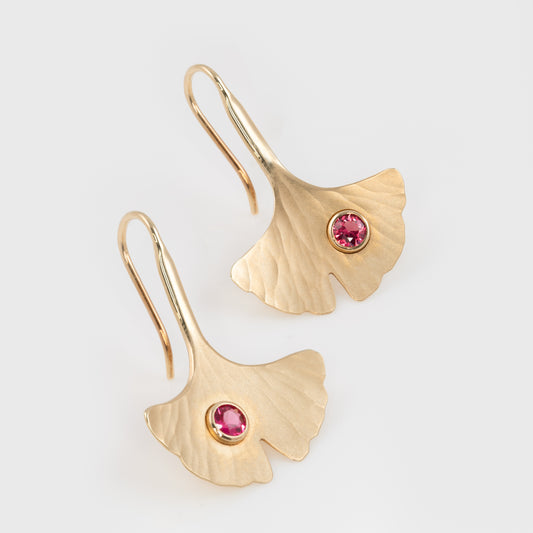 Red Spinel Ginkgo Leaf Earrings