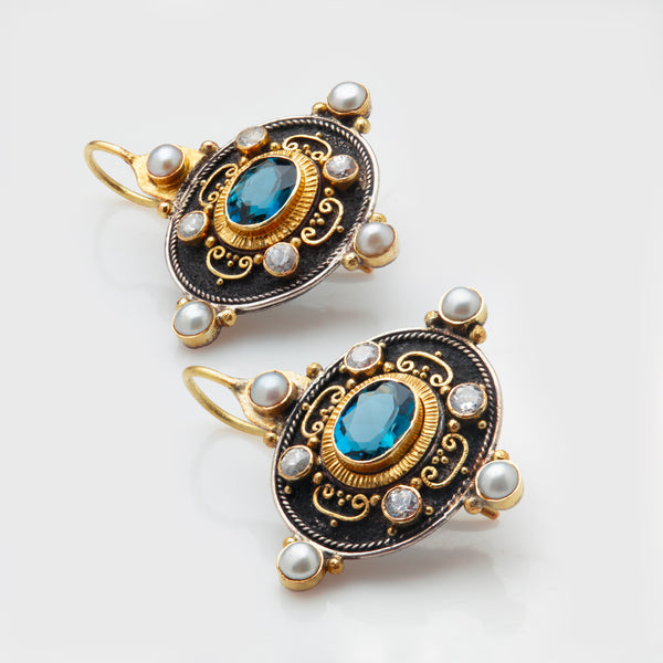 Blue Topaz Earrings with Zircon & Pearls