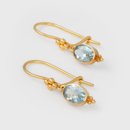 Gold earrings with blue gemstones on a light gray background
