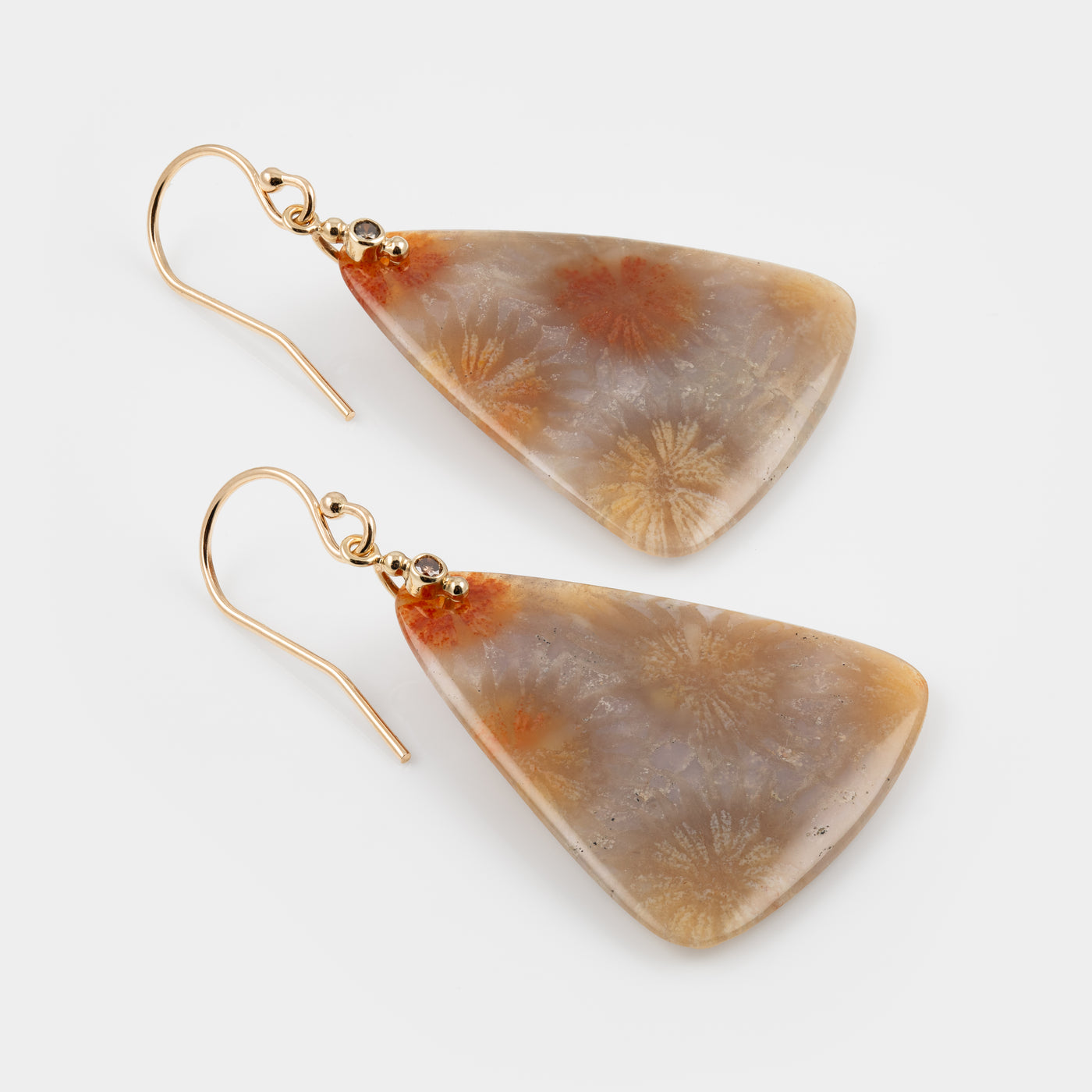 Triangular coral fossil earrings with gold ear wires on a white background