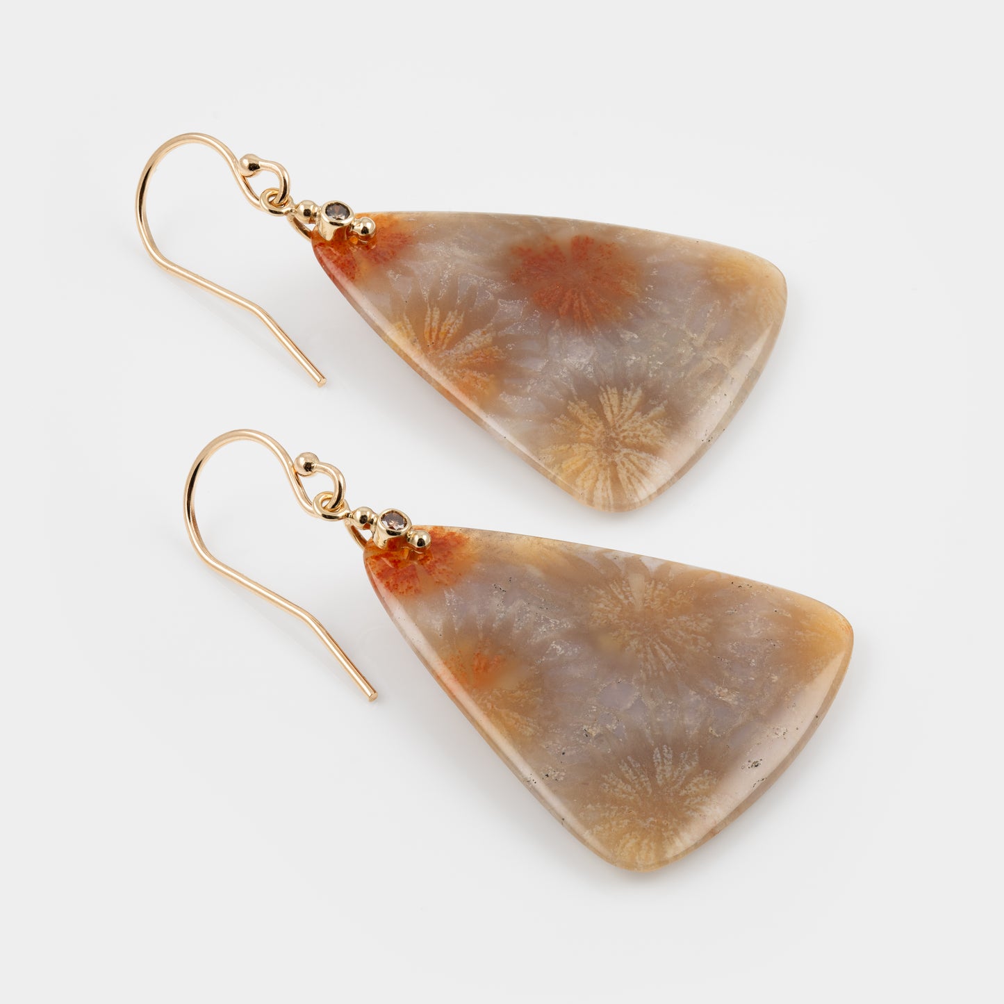 Triangular coral fossil earrings with gold ear wires on a white background