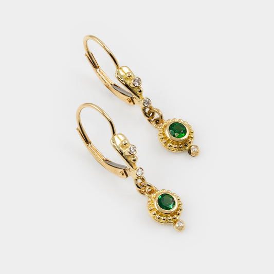 Gold earrings with green tsavorite garnet gems and granulation