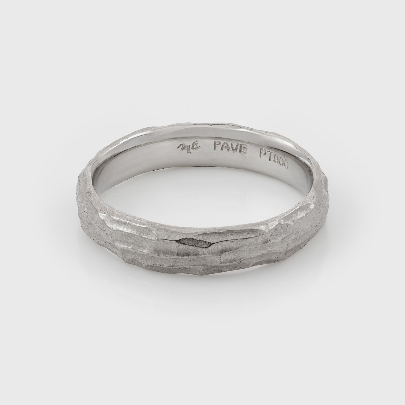 Plain platinum band with redwood bark texture on a white background