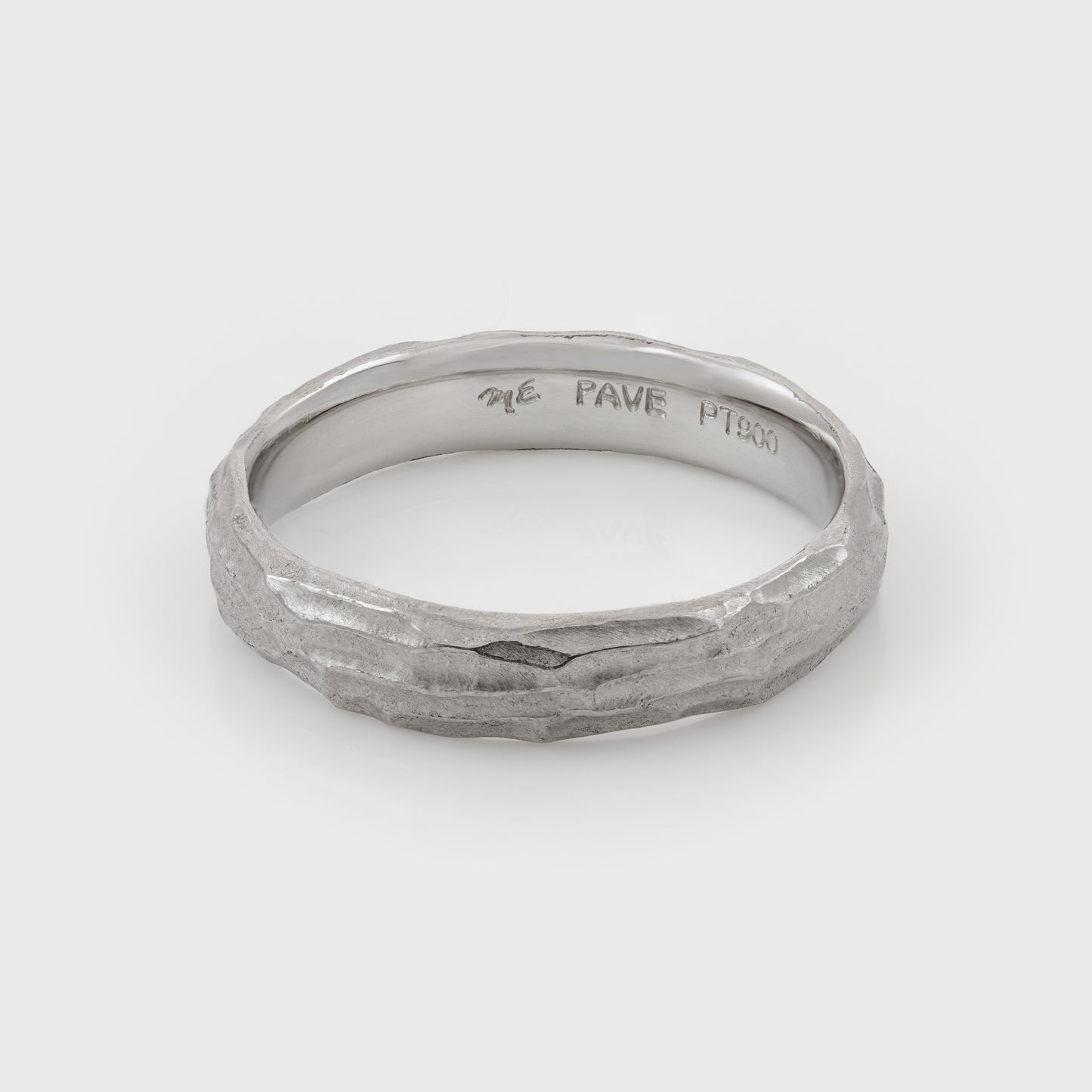 Plain platinum band with redwood bark texture on a white background