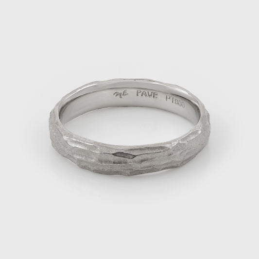 Plain platinum band with redwood bark texture on a white background