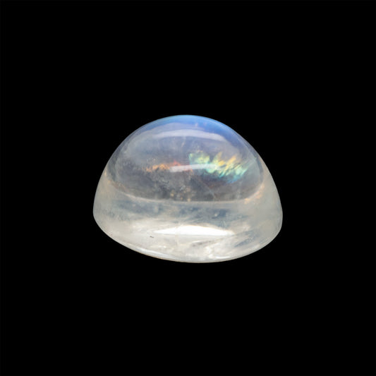 Clear moonstone gemstone with multicolored interior on a black background