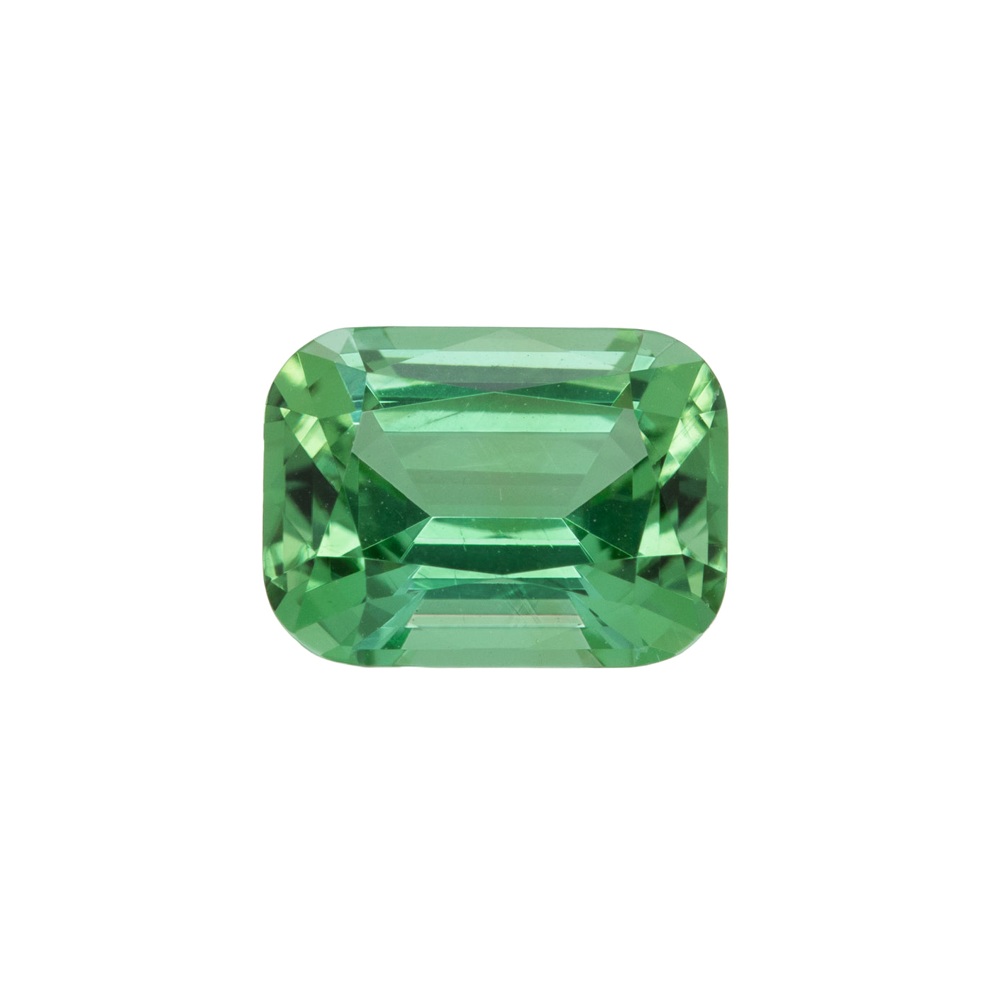 Rectangular green gemstone on a white background