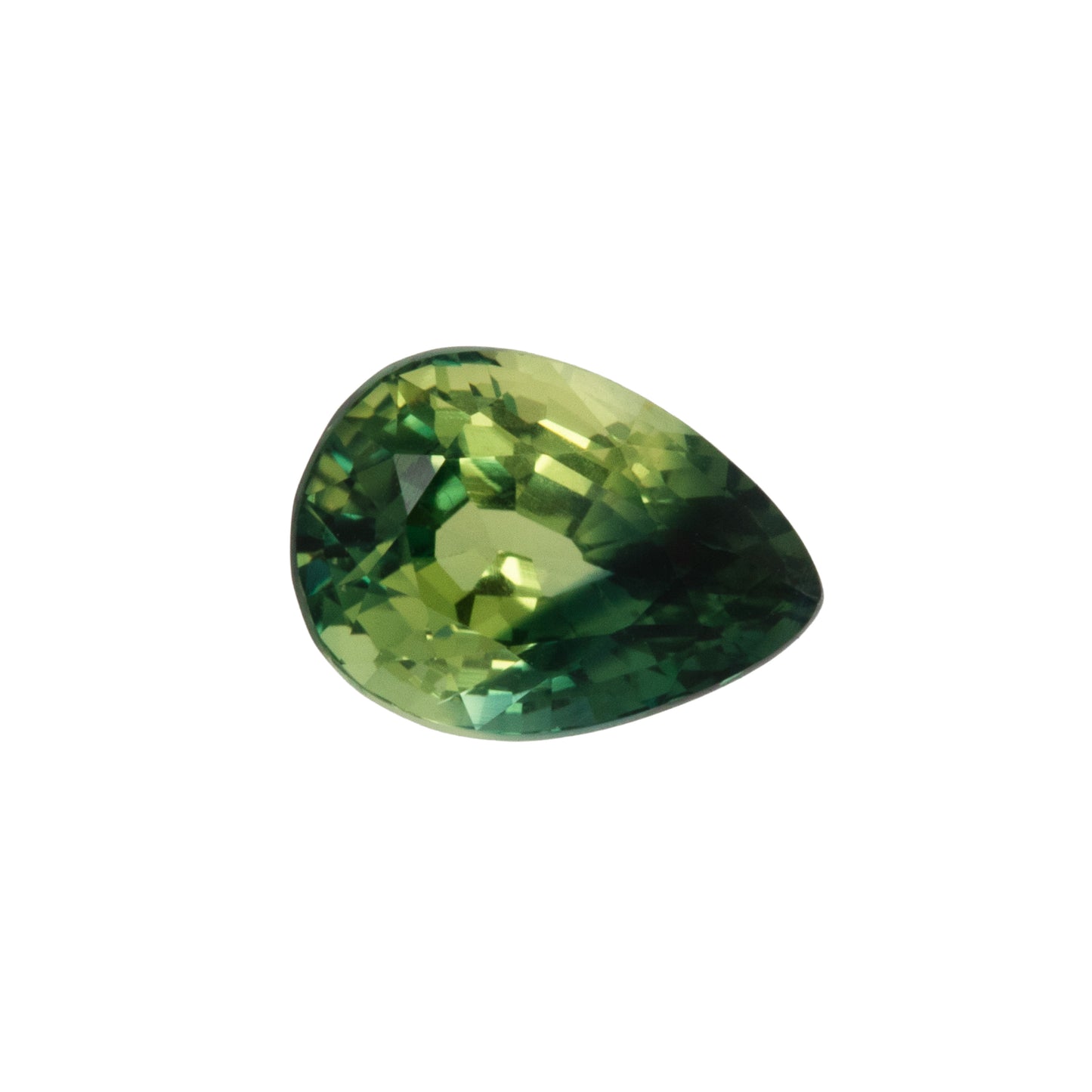 Teardrop-shaped green gemstone on a white background