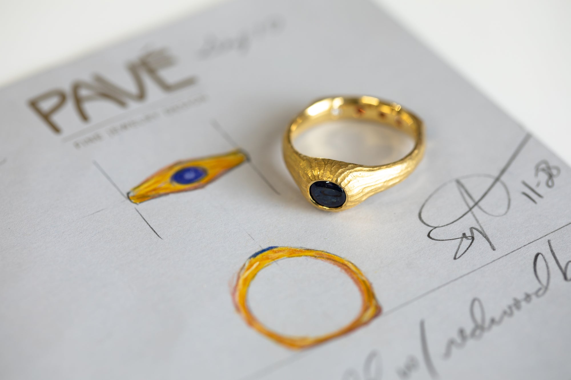 Gold ring with a blue gemstone on a paper background