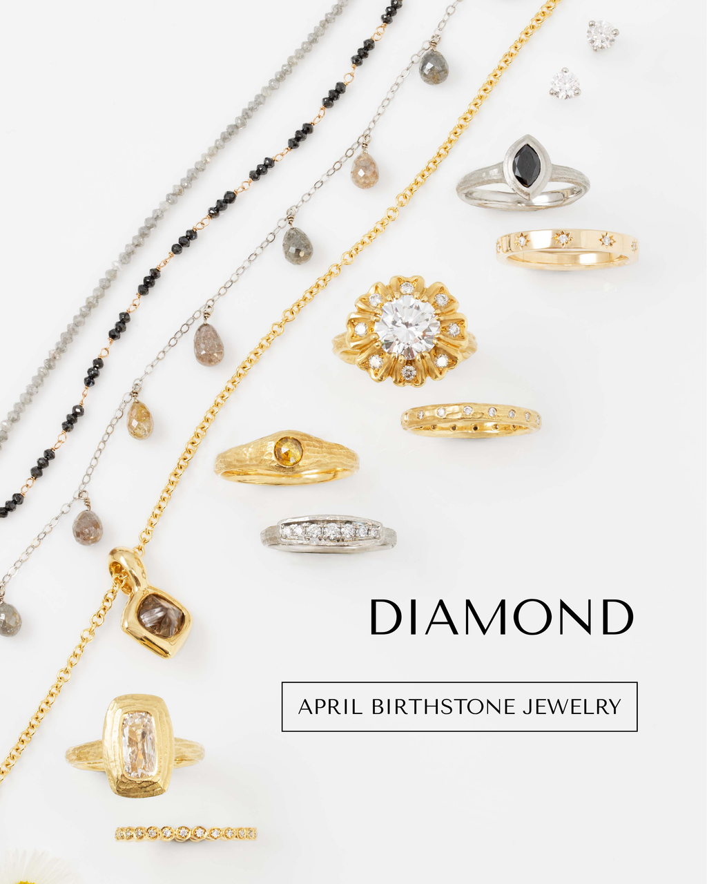 Image: Mixed color jewelry on a white background with daisies on the left. Text: DIAMOND  [APRIL BIRTHSTONE JEWELRY] button.