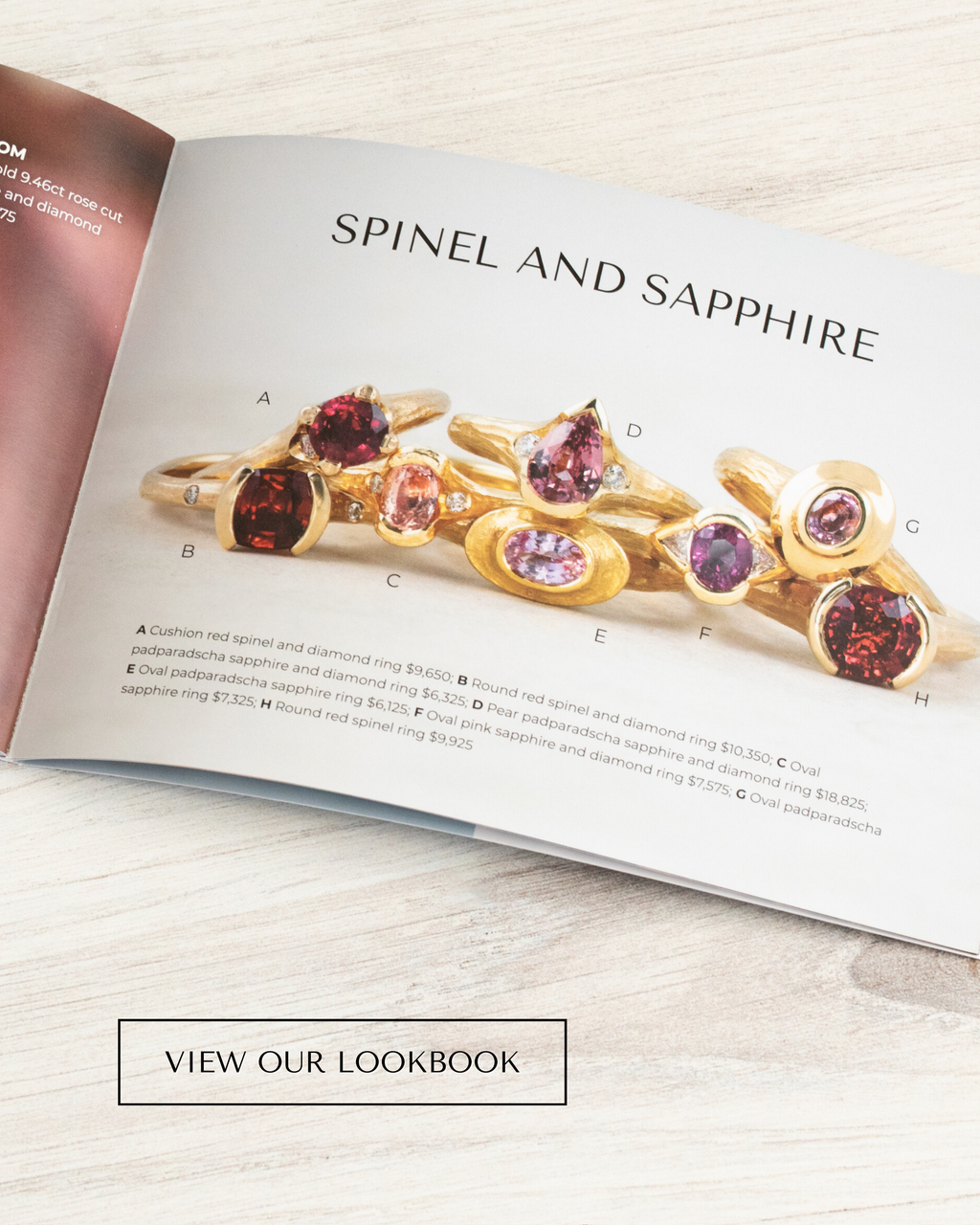 Image: Catalog open on a light wood background. Text: [VIEW OUR LOOKBOOK] button