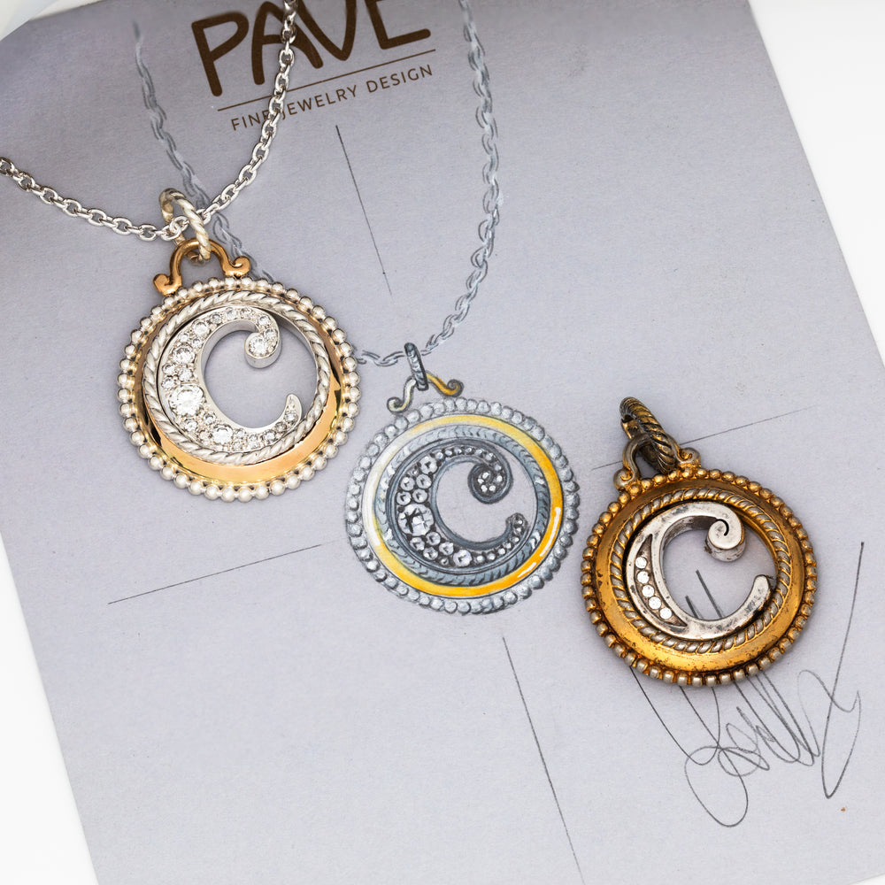 Three circular pendants on a chain with 'PAVE' branding in the background