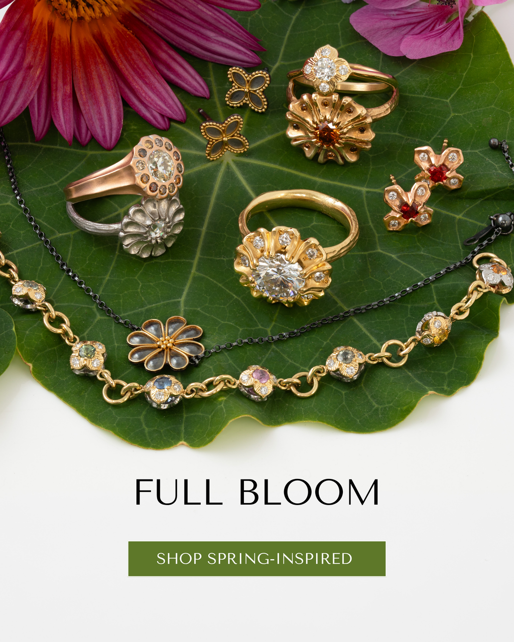 Image: Mixed jewelry with flowers and green leaves. Text: FULL BLOOM [SHOP SPRING-INSPIRED] button.