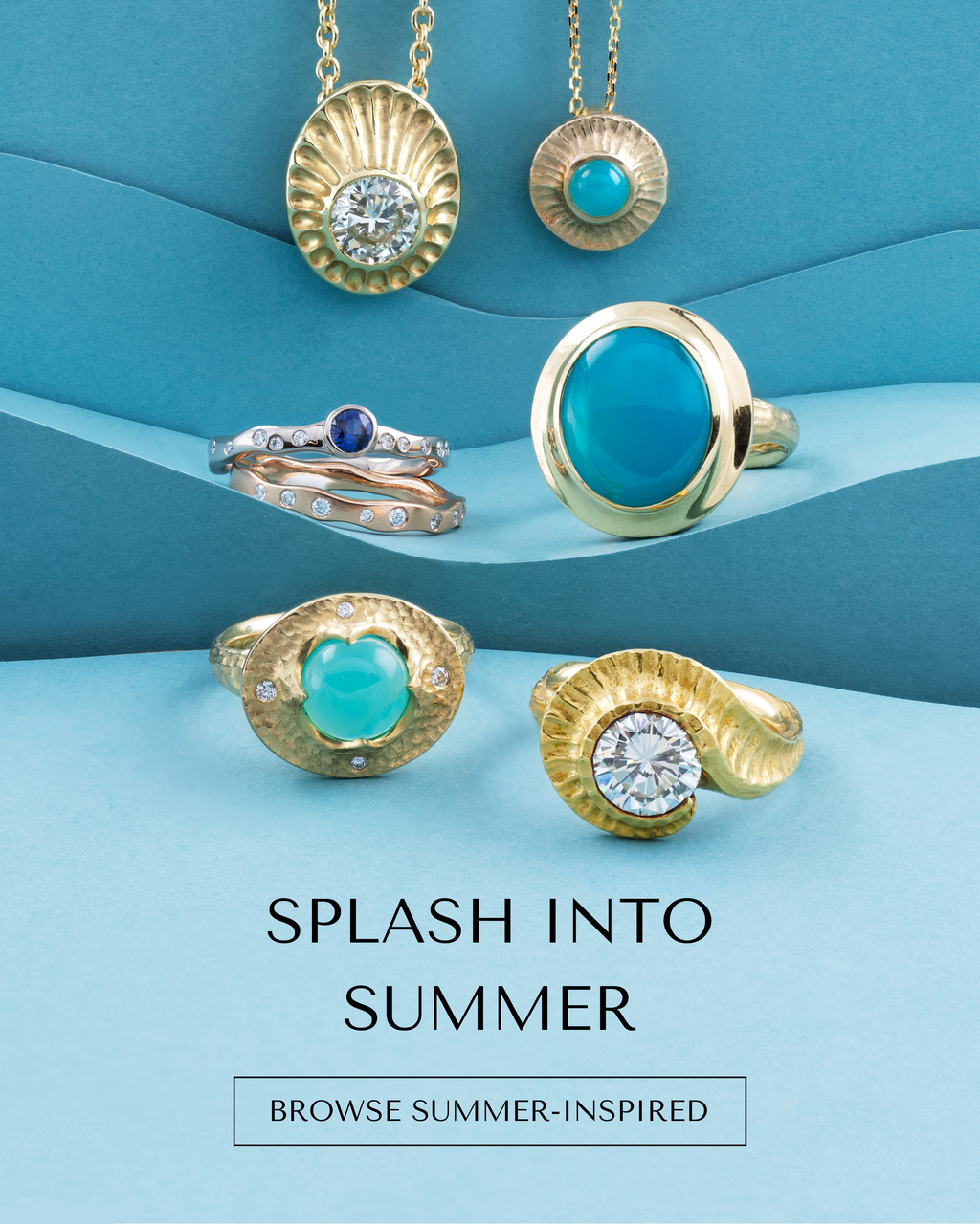 Image: Rings and necklaces on a blue paper background. Text: SPLASH INTO SUMMER [BROWSE SUMMER-INSPIRED] button.