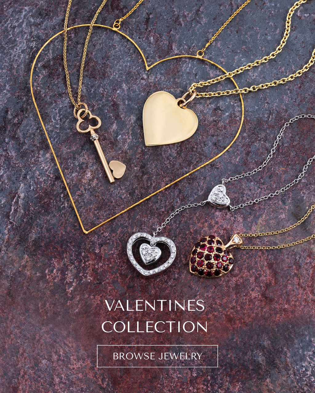 Image: Heart-shaped jewelry on a grey and red slate. Text: VALENTINES COLLECTION [BROWSE JEWELRY] button.
