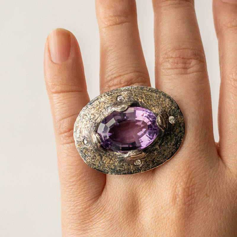 Amethyst and Diamond Ring in Argentium Silver
