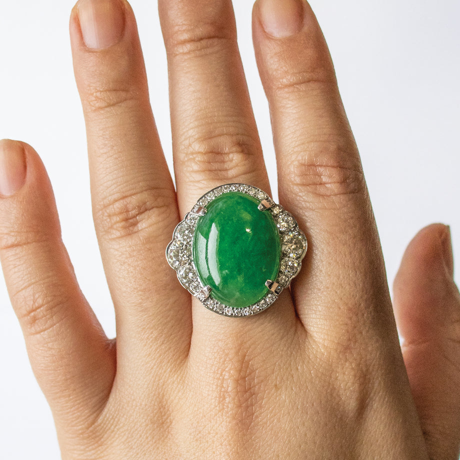 Vintage Ring, Sterling Jade Ring, Round Jade Natural top Ring